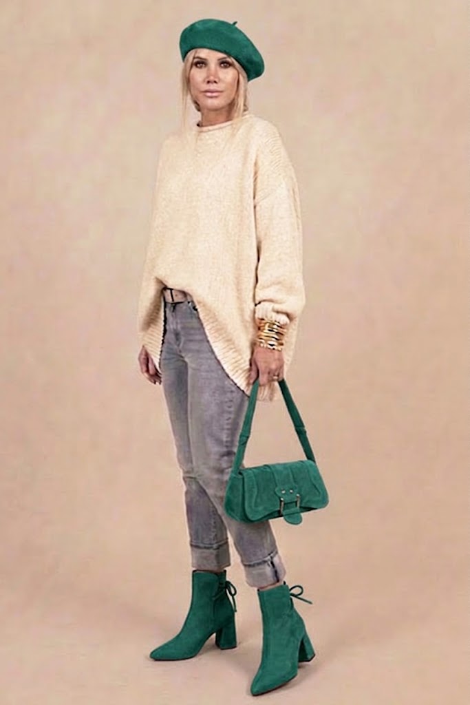 Dress ankle boots back laces in emerald green leather with high flare heels and tapered toe - Worn view
